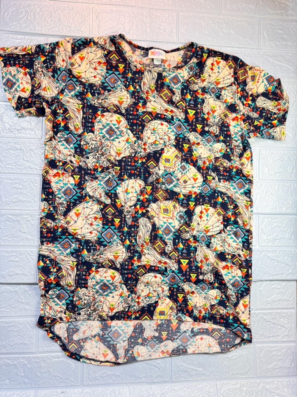 LuLaRoe Navy Tee with Cream, Teal & Orange Geometric Floral Print- Princesses